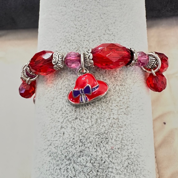 2/$15 Silver Tone & Red Bead Charm Bracelet. Red Hat Society charms. - Picture 5 of 11